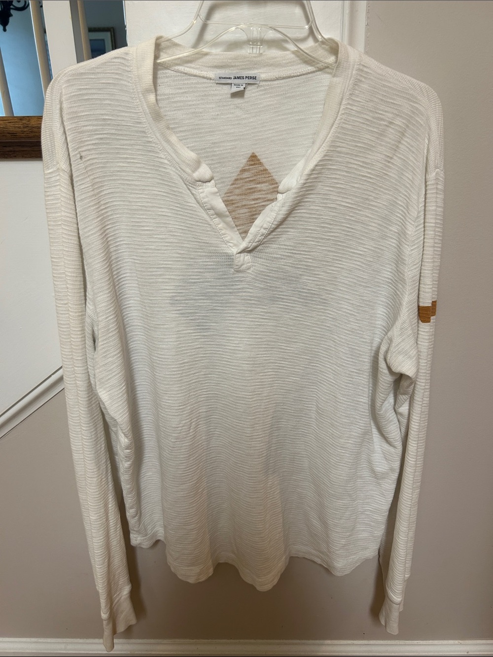James Perse 2 white Supersoft Long Sleeve 💯 cotton Henley Tee with flaw